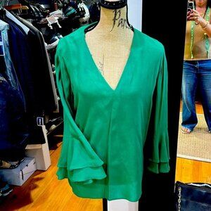 Zara Woman Green V-Neck Ruffle Sleeve Blouse Size L